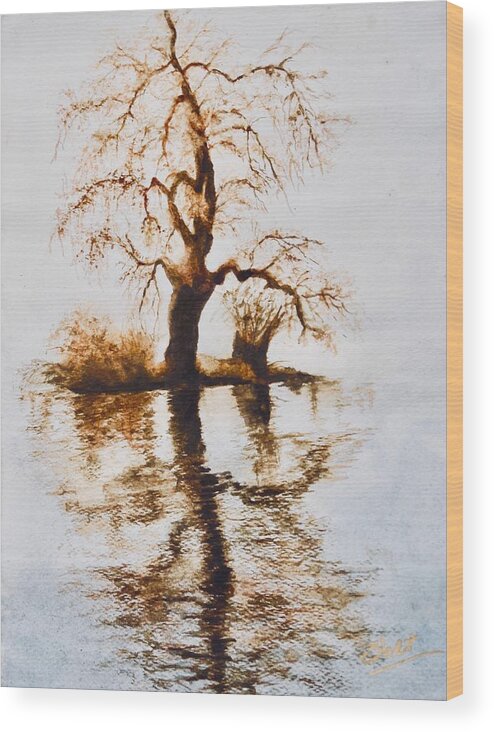Landscape Wood Print featuring the painting Como Lake Reflections by Sher Nasser