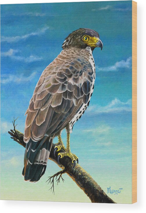 Kenyan Wood Print featuring the painting Congo Serpent Eagle by Anthony Mwangi