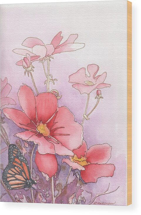 Cosmos Wood Print featuring the painting Cosmos and Monarch by Robynne Hardison