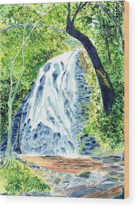 Crabtree Falls Waterfalls Blue Ridge Summer Wood Print featuring the painting Crabtree Falls - Phantom of the Blue Ridge by Joel Deutsch