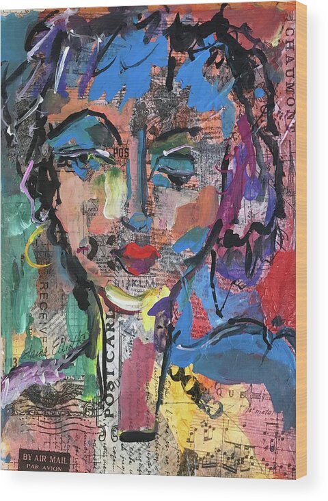Abstract Faces Wood Print featuring the painting CrazyLady 2 by Elaine Elliott