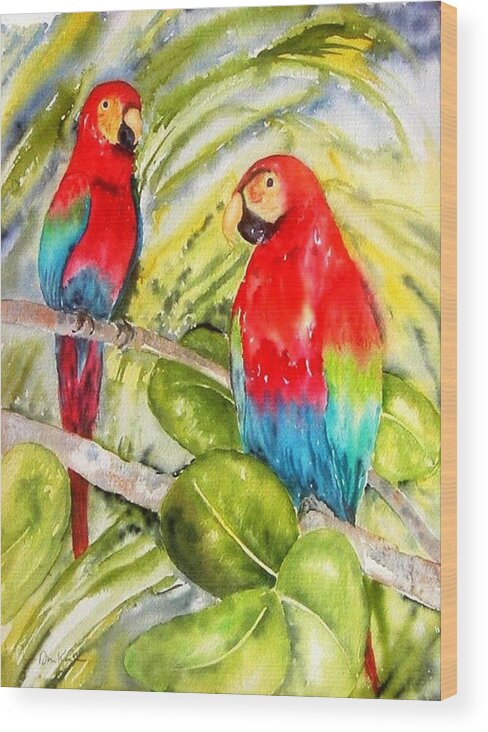 Birds Wood Print featuring the painting Crimson Macaws by Diane Kirk