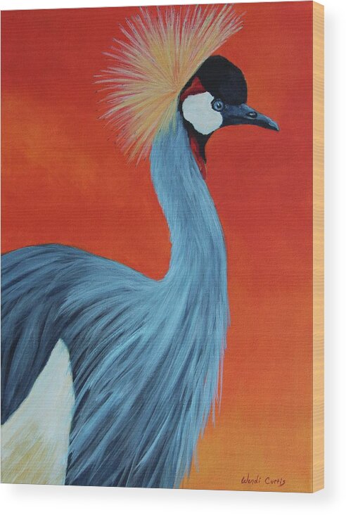 Crane Wood Print featuring the painting Crowned Crane by Wendi Curtis
