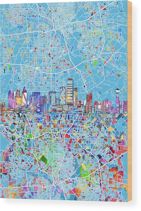 Dallas Wood Print featuring the painting Dallas Skyline Map Blue 3 by Bekim M