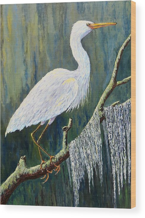 Egret Wood Print featuring the painting Days End by Suzanne Theis