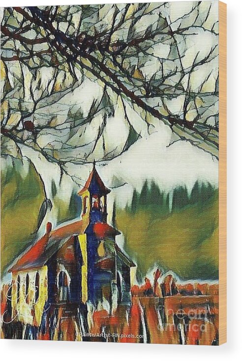 Country Church In December Wood Print featuring the painting December Country Church by PainterArtist FIN