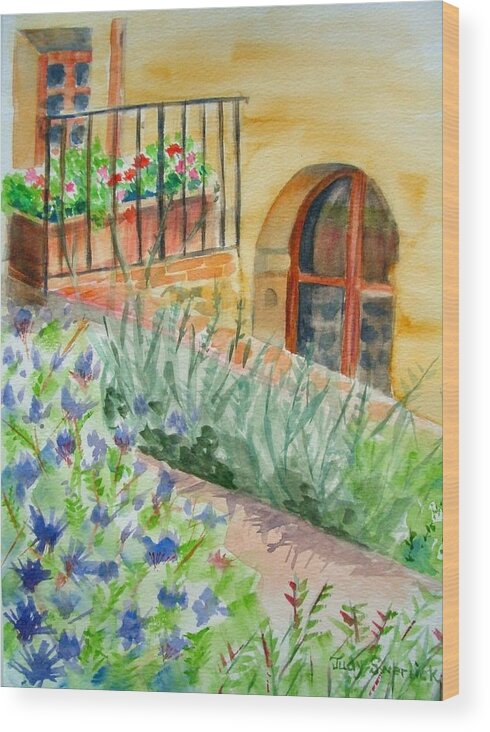 Flowers Surrounding Apartment On Vineyard Wood Print featuring the painting Dievole Vineyard by Judy Swerlick