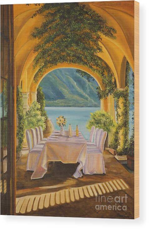 Lake Como Artwork Wood Print featuring the painting Dining on Lake Como by Charlotte Blanchard