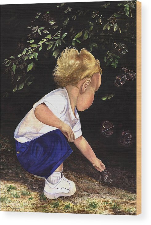 Portrait Wood Print featuring the painting Discovering Bubbles by Terri Meyer