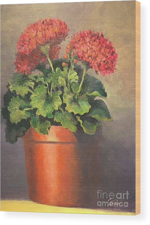 Geranium. Geranium In Terracotta Pot Wood Print featuring the painting Don't Forget To Water by Jessica Anne Thomas