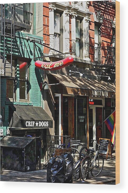 Hot Dog Restaurant Sign Wood Print featuring the photograph Eat Me New York by Joan Reese