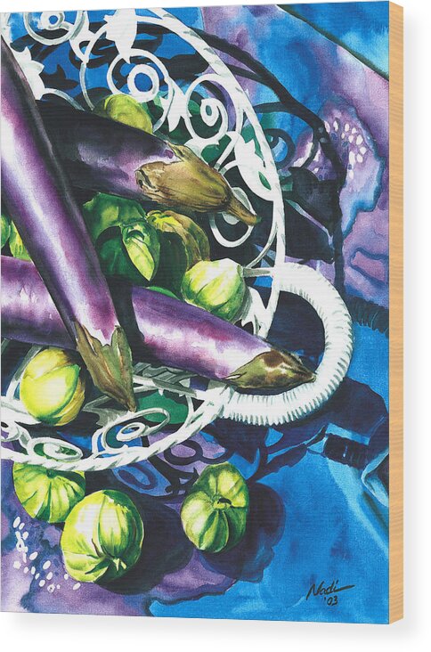 Food Wood Print featuring the painting Eggplants by Nadi Spencer