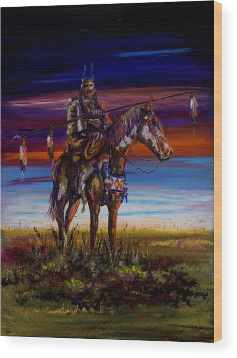 Native American Wood Print featuring the pastel Eleven Coup Warrior by Laurie Tietjen