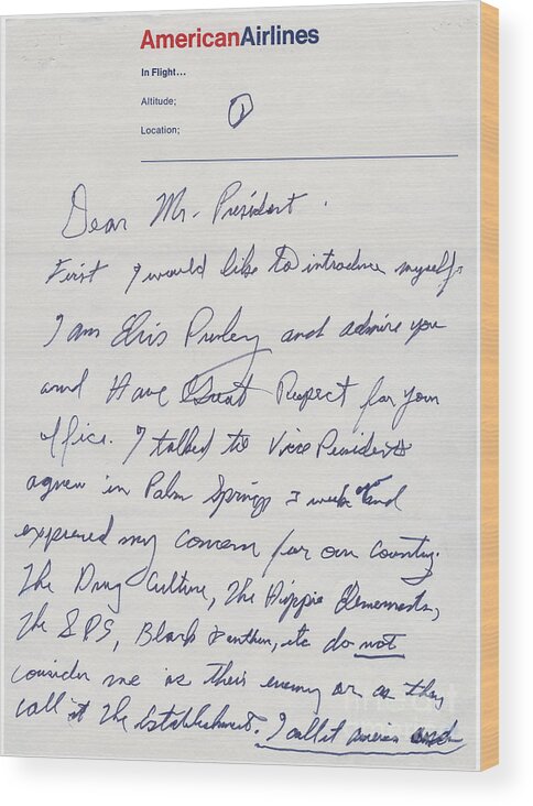 Elvis Presley Letter To President Richard Nixon Wood Print featuring the digital art Elvis Presley Letter to President Richard Nixon by Vintage Collectables