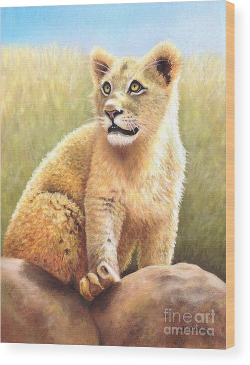 Lion Wood Print featuring the pastel Explorer by Wendy Koehrsen