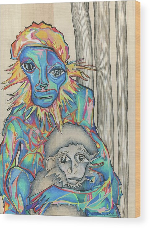 Monkey Wood Print featuring the drawing Eye of the Storm by Darcy Lee Saxton