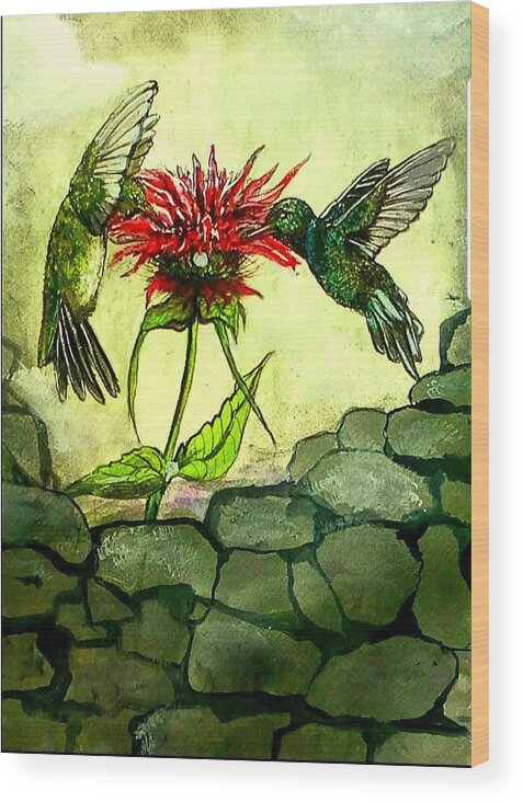 Hummingbirds Wood Print featuring the painting Fight of the Hummingbirds by Alexandria Weaselwise Busen