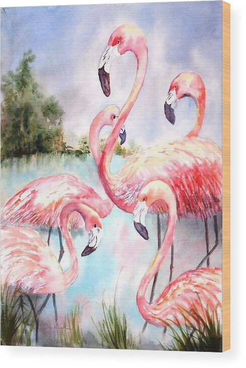 Birds Wood Print featuring the painting Five Flamingos by Diane Kirk