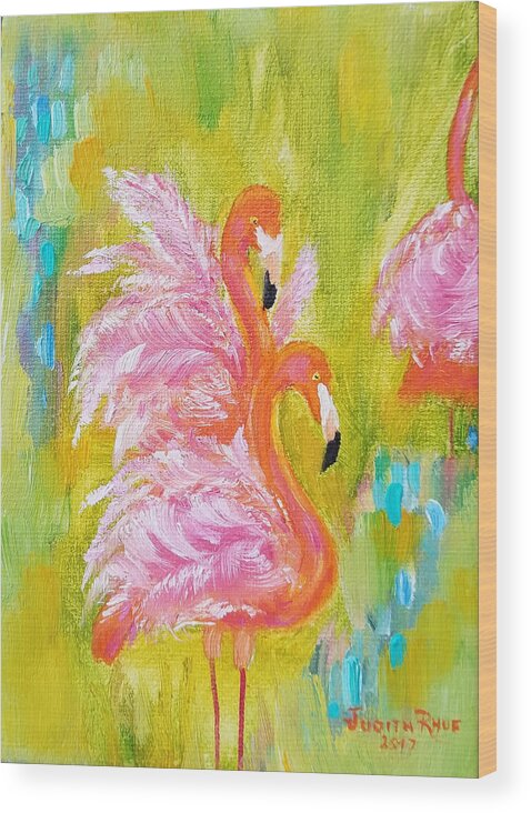 Flamingo Wood Print featuring the painting Flaunting Feathers by Judith Rhue