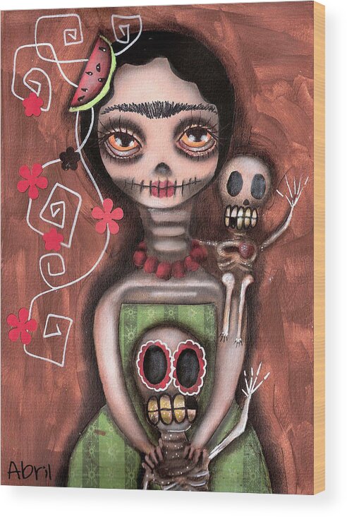 Day Of The Dead Wood Print featuring the painting Frida Day of the Dead by Abril Andrade