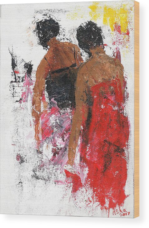 Two Women Wood Print featuring the painting Friends by Asha Sudhaker Shenoy