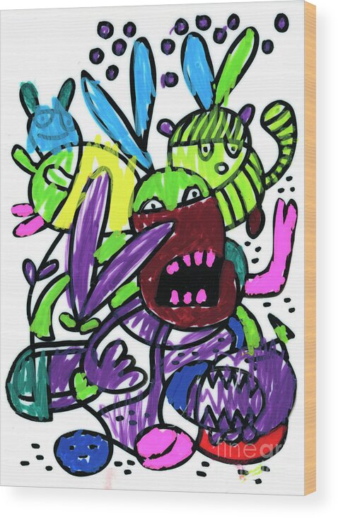 Face Wood Print featuring the digital art Funny Monsters Doodle Colorful Drawing by Frank Ramspott