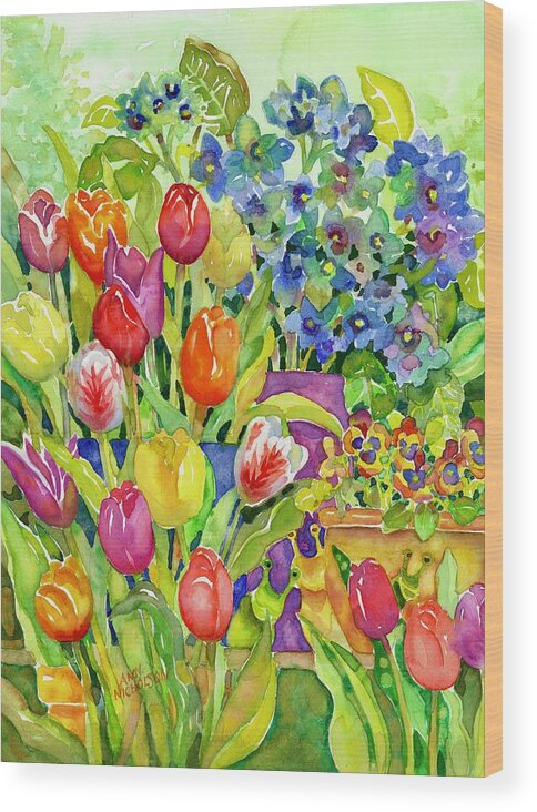 Bright Flowers Wood Print featuring the painting Garden Visitors by Ann Nicholson