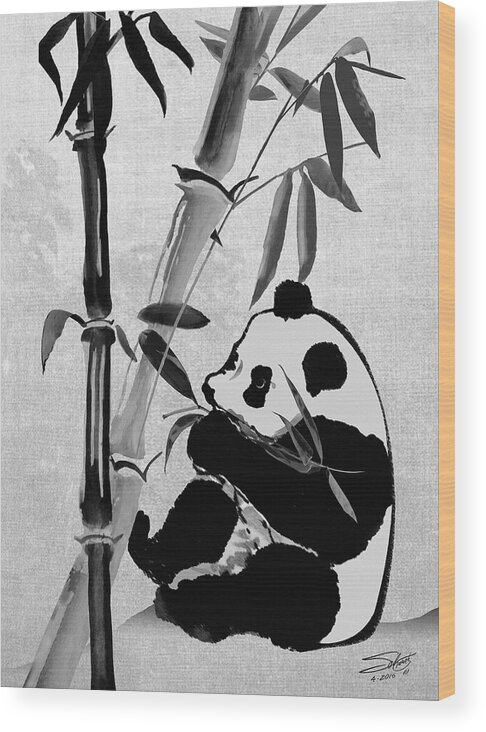 Bamboo Wood Print featuring the digital art Giant Panda and Bamboo by M Spadecaller
