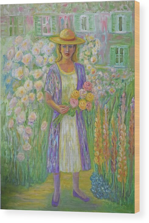 Young Woman Wood Print featuring the painting Girl in Monet's Garden at Giverny by Verlaine Crawford