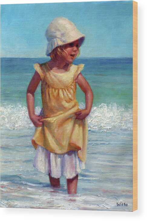 Children At The Beach Wood Print featuring the painting Girl with Bonnet by Marie Witte
