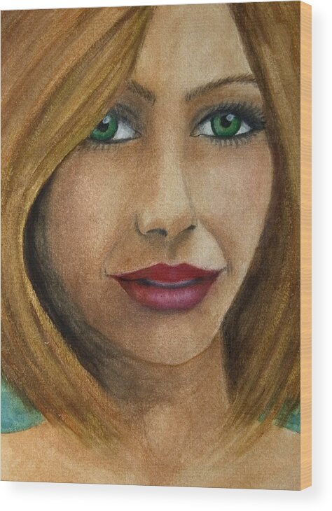 Green Eyed Woman Wood Print featuring the painting Green Eyes Upclose by Barbara J Blaisdell