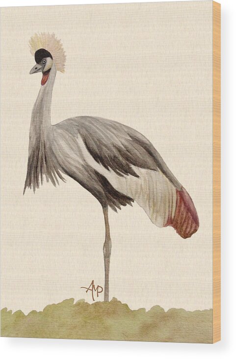 Grey Crowned Crane Wood Print featuring the painting Grey Crowned Crane by Angeles M Pomata