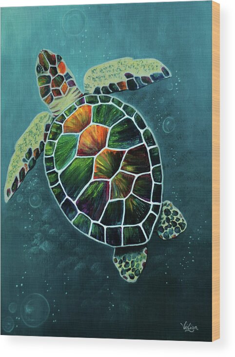 Green Sea Turtle Wood Print featuring the painting Happy Honu by Vivian Casey Fine Art