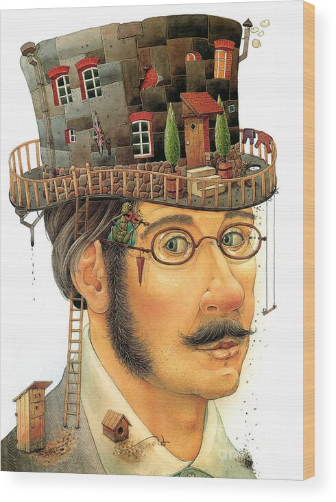 Hat House Portret Wood Print featuring the painting House on the Hat by Kestutis Kasparavicius