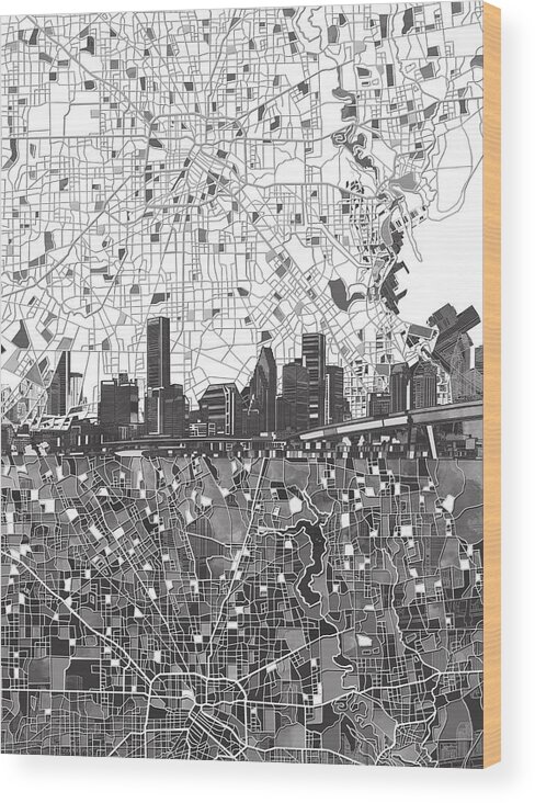 Houston Wood Print featuring the painting Houston Skyline Map Black And White 2 by Bekim M