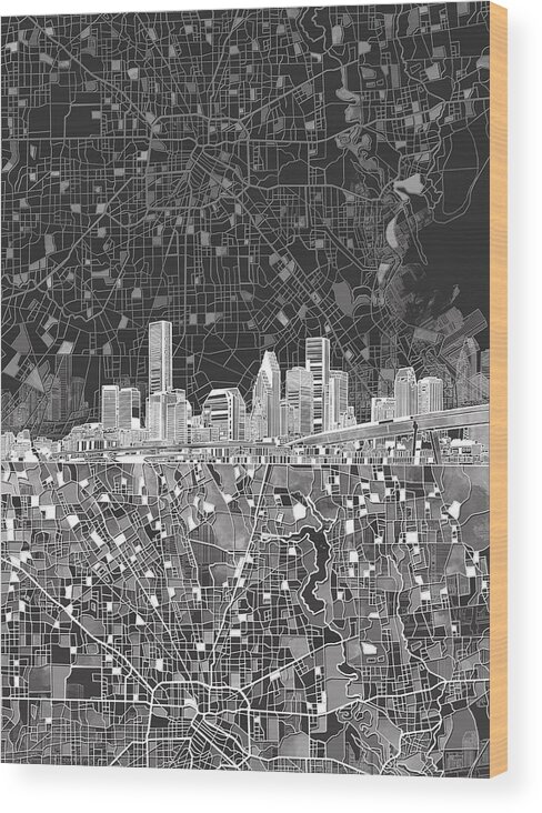 Houston Wood Print featuring the painting Houston Skyline Map Black And White by Bekim M