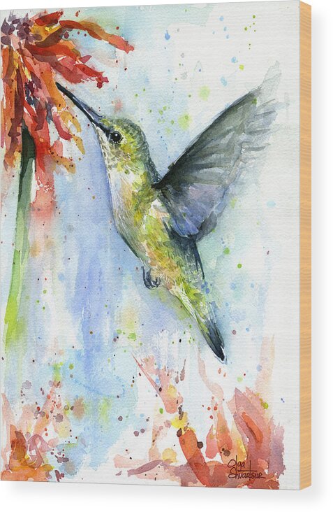 Watercolor Wood Print featuring the painting Hummingbird and Red Flower Watercolor by Olga Shvartsur