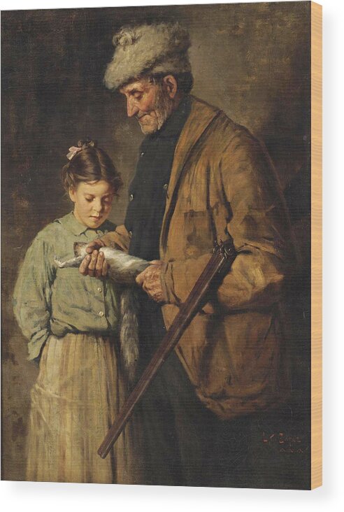 Lawrence Carmichael Earle Wood Print featuring the painting Hunter with Young Girl by Lawrence Carmichael Earle