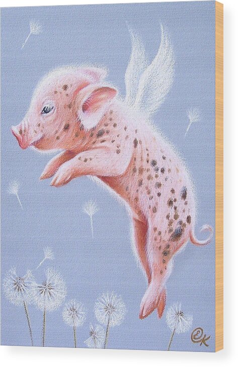 Pig Wood Print featuring the drawing I can fly too by Elena Kolotusha