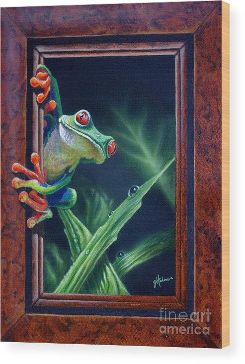 Green Tree Frog Wood Print featuring the painting 'I Was Framed' by Greg and Linda Halom