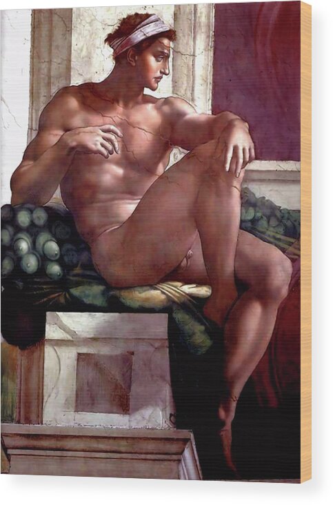 Ignudo Wood Print featuring the painting Ignudo Number Six of 1511  by Michelangelo Buonarroti