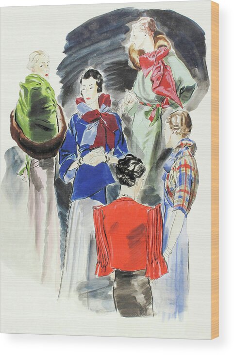 Fashion Wood Print featuring the digital art Illustration Of A Group Of Models by Rene Bouet-Willaumez