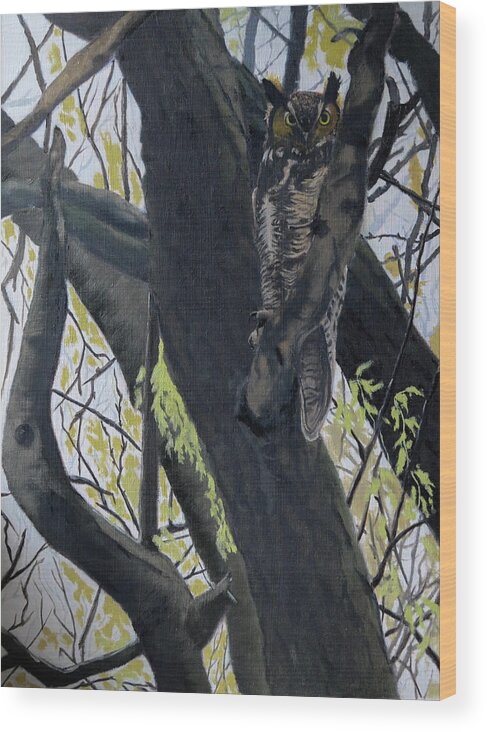 Great Horned Owl Wood Print featuring the painting In the shadow-Ojibway great horn owl by Wade Clark