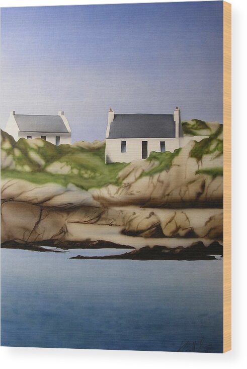 Island Cottages Ireland Seascape Wood Print featuring the painting Island cottages by Kevin Gallagher