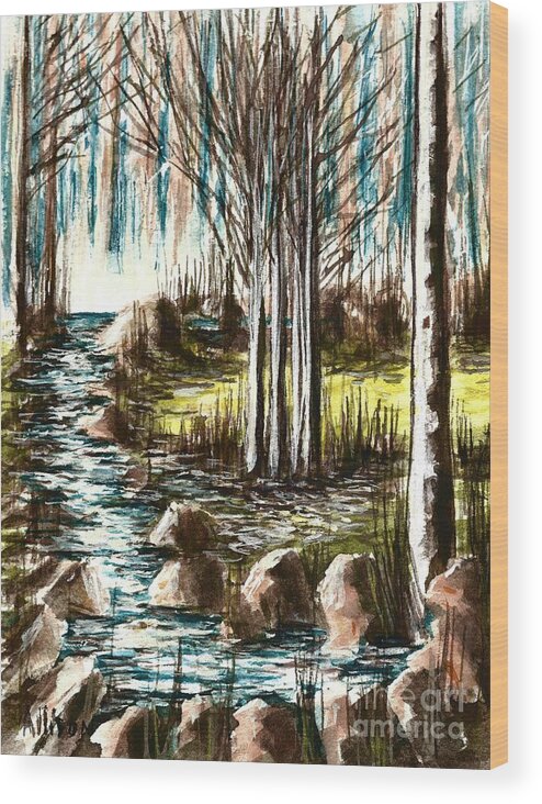 #forest #water #trees #rivers #landscapes #rocks #watercolors Wood Print featuring the painting Just Around the Riverbend by Allison Constantino