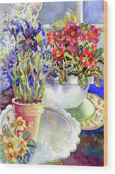 Watercolor Wood Print featuring the painting Kitchen Primrose I by Ann Nicholson