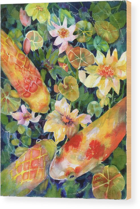 Koi In Pond Wood Print featuring the painting Looking for lunch II by Ann Nicholson