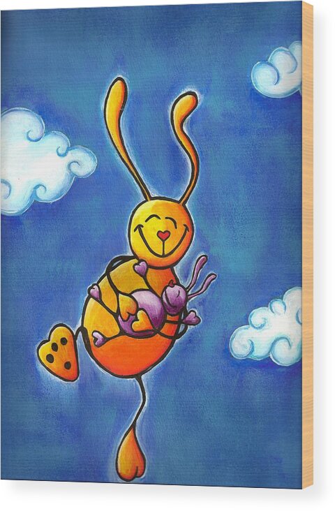 Bunny Wood Print featuring the painting Love Bunnies High in Sky by Laura Ostrowski