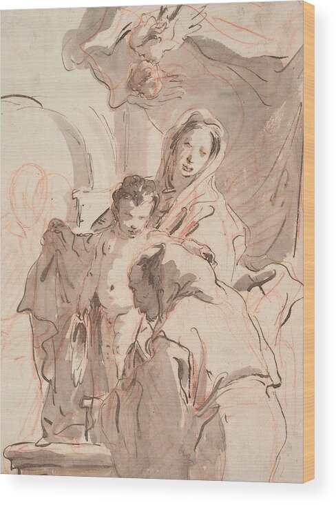 Italian Artist Wood Print featuring the drawing Madonna and Child with Saint by Giovanni Battista Tiepolo