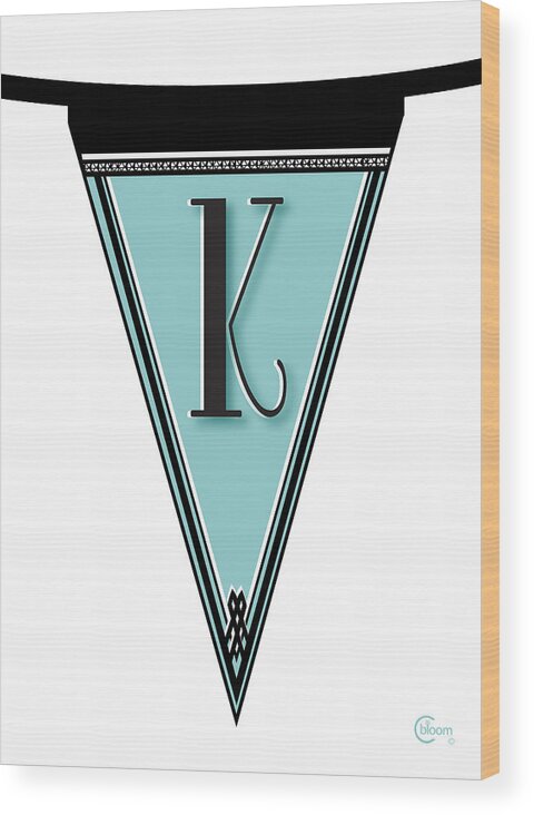 Banner Wood Print featuring the digital art Pennant Deco Blues Banner initial letter K by Cecely Bloom